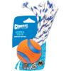 imageChuckit Ultra Duo Tug Dog Toy  Two Ultra Balls on a Durable Nylon Cord Handle  Fetch and TugofWar Toy for Dogs  Size Medium  For Breeds 2060 lbs  25inch Diameter  Orange and BlueMedium
