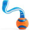 imageChuckit Ultra Duo Tug Dog Toy  Two Ultra Balls on a Durable Nylon Cord Handle  Fetch and TugofWar Toy for Dogs  Size Medium  For Breeds 2060 lbs  25inch Diameter  Orange and BlueSmall