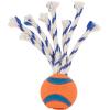 imageChuckit Ultra Duo Tug Dog Toy  Two Ultra Balls on a Durable Nylon Cord Handle  Fetch and TugofWar Toy for Dogs  Size Medium  For Breeds 2060 lbs  25inch Diameter  Orange and BlueMedium