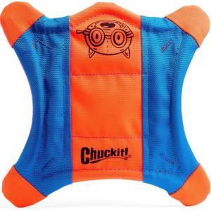 imageChuckit Flying Squirrel Fetch Dog Toy  Water Floating Flyer  Soft and Durable Polyester Canvas Construction  For Medium Dogs  Size Medium  95inch Diameter  Pack of 1  Orange and BlueSmall
