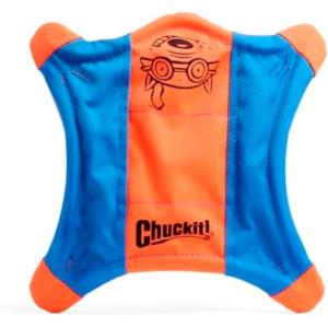 imageChuckit Flying Squirrel Fetch Dog Toy  Water Floating Flyer  Soft and Durable Polyester Canvas Construction  For Medium Dogs  Size Medium  95inch Diameter  Pack of 1  Orange and BlueMedium