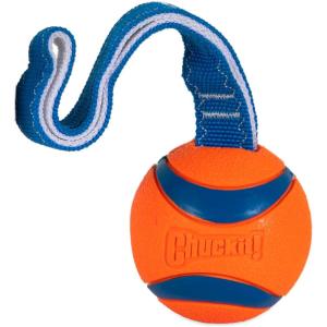 imageChuckit Ultra Duo Tug Dog Toy  Two Ultra Balls on a Durable Nylon Cord Handle  Fetch and TugofWar Toy for Dogs  Size Medium  For Breeds 2060 lbs  25inch Diameter  Orange and BlueLarge