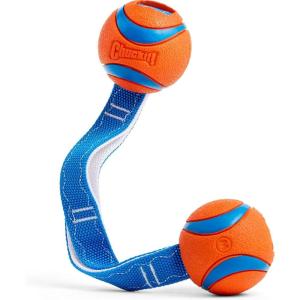 imageChuckit Ultra Duo Tug Dog Toy  Two Ultra Balls on a Durable Nylon Cord Handle  Fetch and TugofWar Toy for Dogs  Size Medium  For Breeds 2060 lbs  25inch Diameter  Orange and BlueMedium