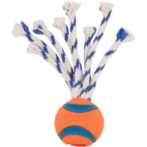 imageChuckit Ultra Duo Tug Dog Toy  Two Ultra Balls on a Durable Nylon Cord Handle  Fetch and TugofWar Toy for Dogs  Size Medium  For Breeds 2060 lbs  25inch Diameter  Orange and BlueSmall